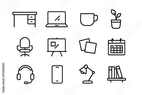 Startup Office Icons. Outline icon set of startup office setup: desk, laptop, coffee mug, plant, chair,