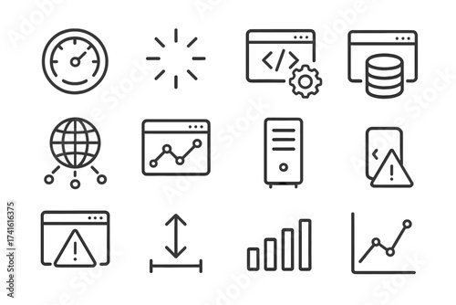 Website Performance Icons. Outline icon set of website performance: speedometer, loading spinner, code