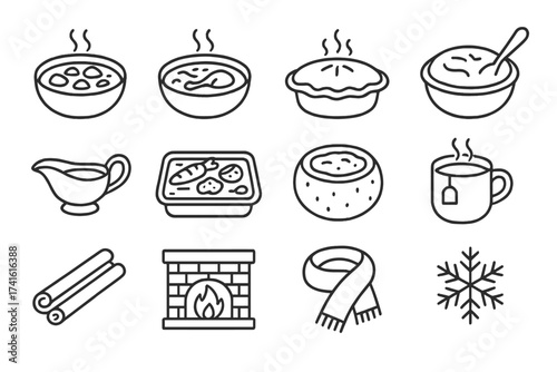 Winter Comfort Foods Icons. Outline icon set of winter warming dishes: beef stew, chicken soup, pot pie,