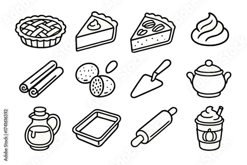 Autumn Dessert Icons. Outline icon set of autumn dessert favorites: apple pie, pumpkin pie, pecan pie, whipped
