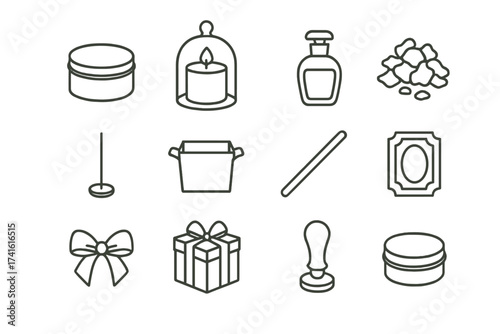 Luxury Candle Icon Set. Outline icon set of luxury candle-making: gold tin, glass dome, perfume bottle, wax