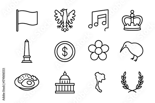 National Symbols Icons. Outline icon set of national symbols: flag, coat of arms, anthem sheet, crown,
