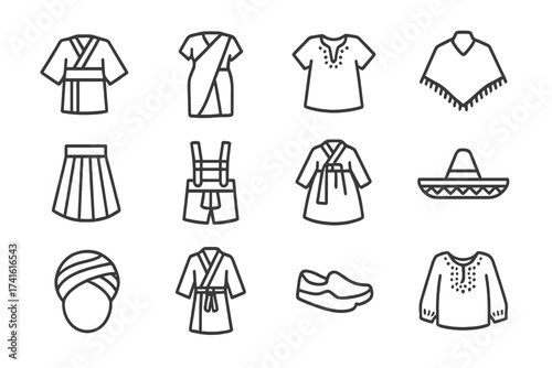 Cultural Clothing Icons. Outline icon set of cultural clothing: kimono, sari, dashiki, poncho, kilt,