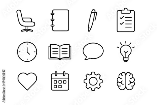 Therapy Tools Icons. Outline icon set of therapy tools: therapist chair, notebook, pen, checklist, clock, open