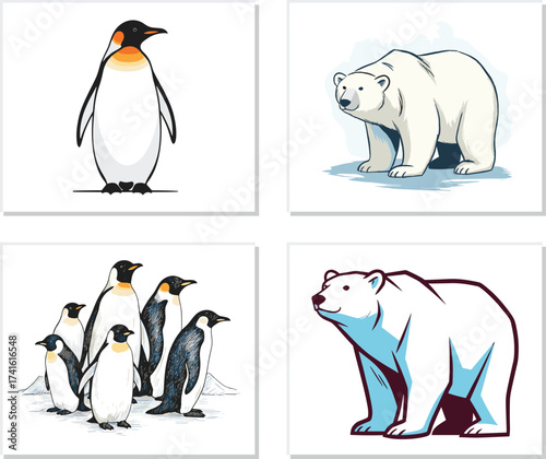 Penguin and polar bear illustration, Arctic Antarctic animals artwork, wildlife drawing, winter nature design, cold climate species