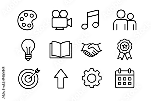 Creative Guidance Icons. Outline icon set of guidance in creative fields: paint palette, film camera, music