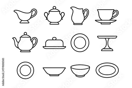 Porcelain Serving Icon Set. Outline icon set of porcelain serving sets: gravy boat, sugar bowl, creamer,