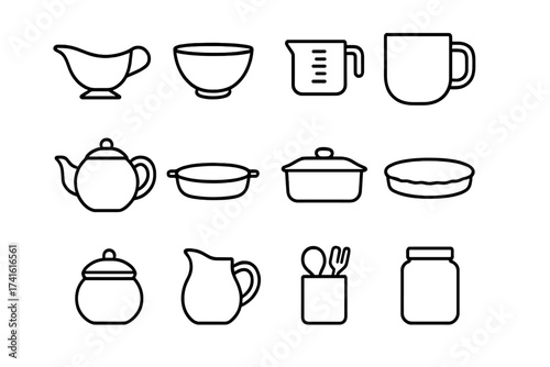 Kitchen Ceramics Icons. Outline icon set of kitchen ceramics: gravy boat, mixing bowl, measuring cup, mug,