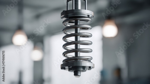 Close up of metal spring component suspended in well lit workshop environment