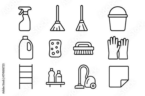 Utility Closet Icons. Outline icon set of utility closet cleaning storage: spray bottle, mop, broom, bucket,