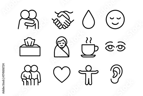 Icons of Compassion. Outline icon set of friendship and support: two people hugging, hand squeeze, tear drop,