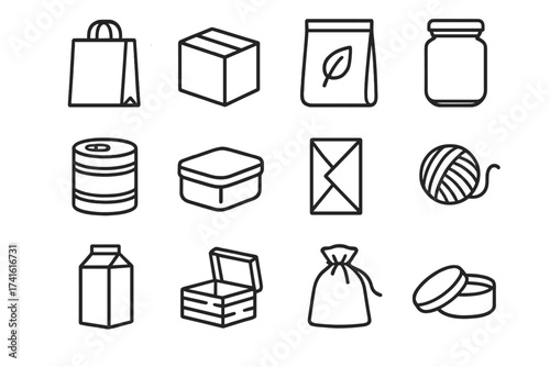 Sustainable Packaging Icons. Outline icon set of sustainable packaging design: paper bag, cardboard box,