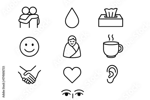 Emotional Support Icons. Outline icon set of emotional well-being support: two people hugging, tear drop,