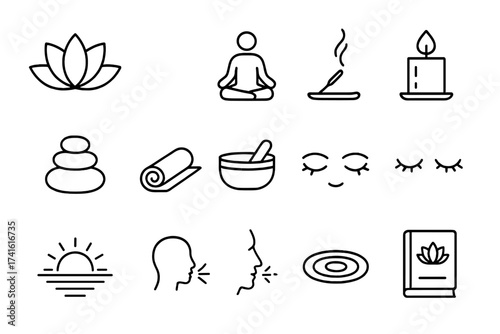 Mindfulness Icon Set. Outline icon set of mindfulness and meditation practices: lotus flower, meditating