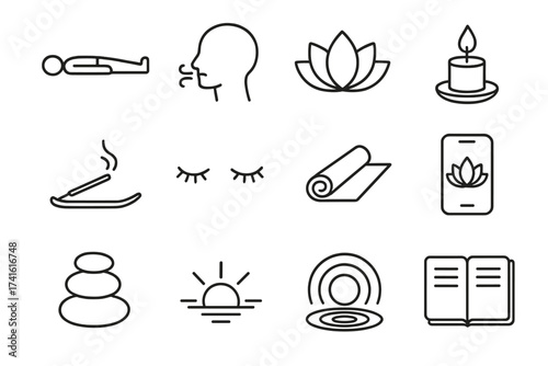 Body Scan Meditation Icons. Outline icon set of body scan meditation: lying person, breathing icon, lotus