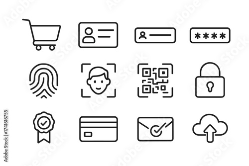 E-commerce Security Icons. Outline icon set of e-commerce identity security: shopping cart, ID card, username,