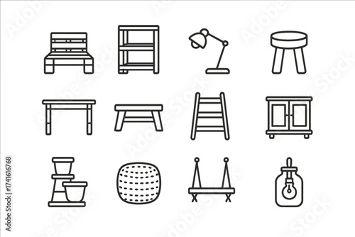Upcycled Furniture Icons. Outline icon set of upcycled furniture ideas: pallet chair, wooden crate shelf,