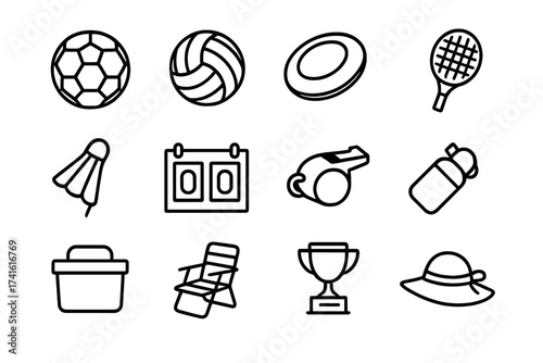 Backyard Sports Icons. Outline icon set of backyard sports day: soccer ball, volleyball, frisbee, badminton
