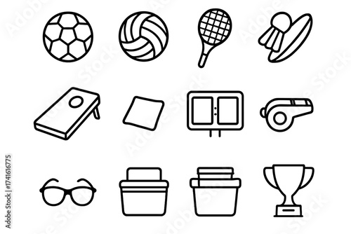Sports Icon Set. Outline icon set of friendly sports competition: soccer ball, volleyball, frisbee, badminton