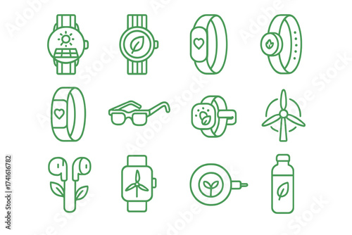 Eco Tech Icon Set. Outline icon set of green wearable tech: solar-powered watch, bamboo strap, recycled
