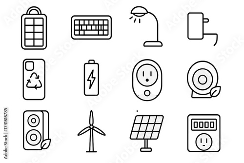 Eco Gadget Icons. Outline icon set of low-impact gadgets: solar power bank, bamboo keyboard, LED lamp,