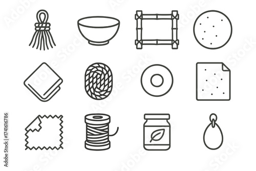 Eco Crafts Icon Set. Outline icon set of handmade eco crafts: macrame rope, clay bowl, bamboo frame, cork