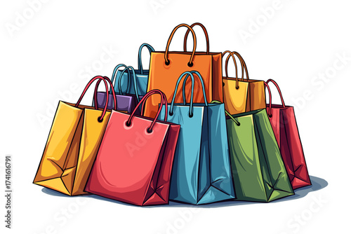 Colorful pile of shopping bags on a transparent background