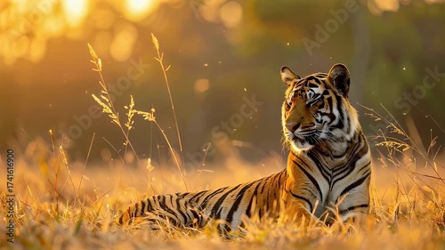 Majestic tiger resting in a golden grassy field during a warm sunset with soft sunlight illuminating its orange striped coat