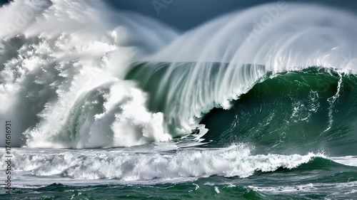 Massive green ocean wave crashing with white foam and spray during a powerful storm