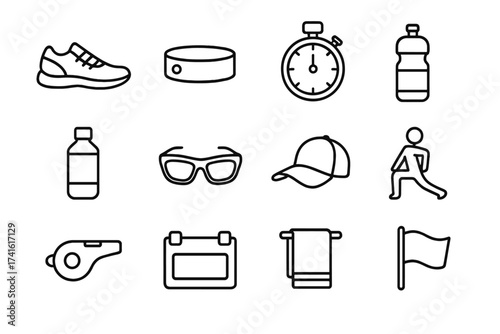 Race Preparation Icons. Outline icon set of race preparation: sports shoes, sweatband, stopwatch, water bottle