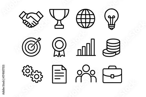 Entrepreneurship Icon Set. Outline icon set of entrepreneurial leadership: handshake, trophy, globe, lightbulb