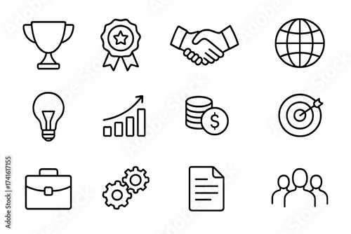 Entrepreneurship Awards Icons. Outline icon set of entrepreneurship awards: trophy, award ribbon, handshake,