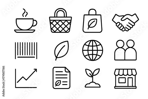 Fair Trade Icons. Outline icon set of fair trade businesses: coffee cup, basket, bag, handshake, barcode, leaf