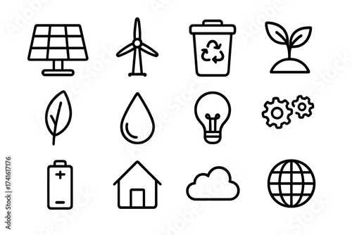 Eco Innovation Icons. Outline icon set of eco-friendly innovation: solar panel, wind turbine, recycling bin,