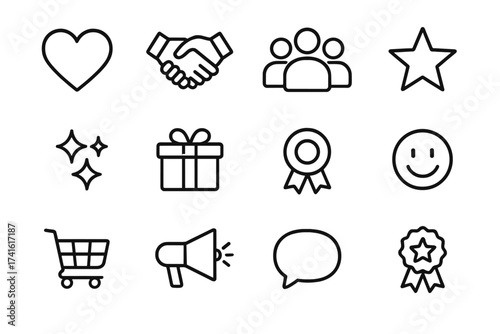 Community Icon Set. Outline icon set of community-driven branding: heart, handshake, people, star, sparkles,