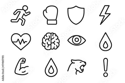 Fight-or-Flight Icons. Outline icon set of fight-or-flight reaction: running figure, boxing glove, shield,
