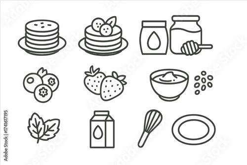 Healthy Pancake Icons. Outline icon set of healthy pancake variations: oat pancake, banana pancake, almond