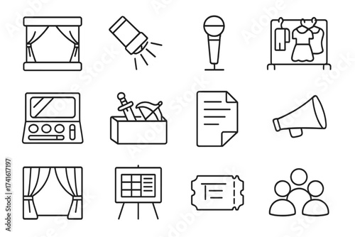 Theatre Icon Set. Outline icon set of theatre teamwork: stage, spotlight, microphone, costume rack, makeup kit