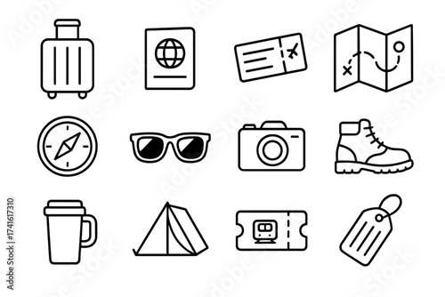 Traveler Essentials Icons. Outline icon set of traveler essentials: suitcase, passport, boarding pass, map,