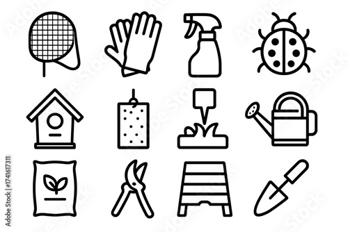 Pest Control Icons. Outline icon set of pest control in gardens: insect net, gloves, spray bottle, ladybug,