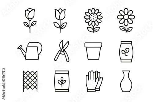 Gardening Icon Set. Outline icon set of flower gardening: rose, tulip, sunflower, daisy, watering can, pruning