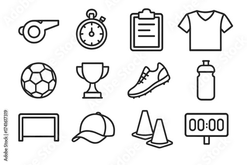 Sports Coach Icons. Outline icon set of sports coach gear: whistle, stopwatch, clipboard, jersey, ball, trophy