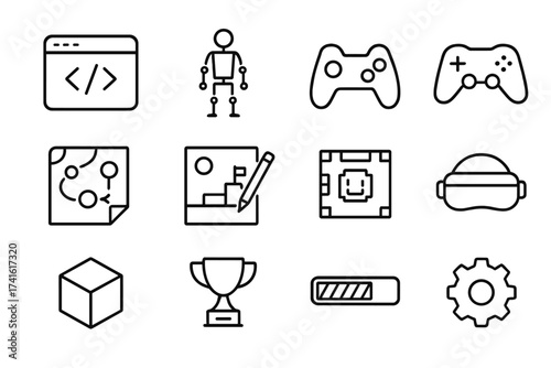 Game Development Icons. Outline icon set of game development: code window, character model, joystick, gamepad,