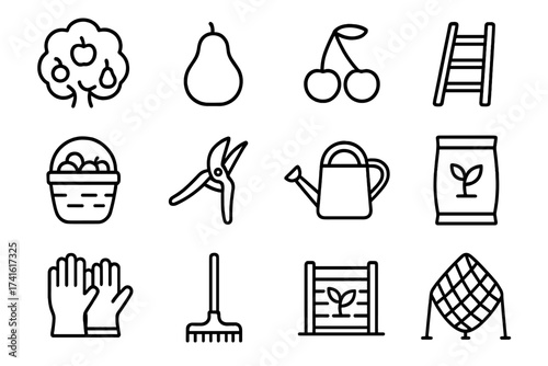 Orchard Management Icons. Outline icon set of fruit orchard management: apple tree, pear, cherry, ladder,