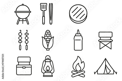 Camping Cookout Icons. Outline icon set of camping cookout: portable grill, spatula, tongs, burger patty,