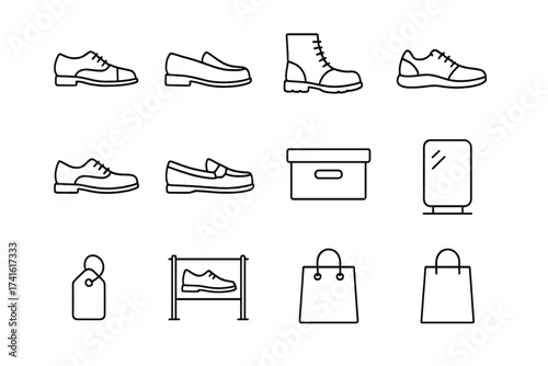 Men's Shoe Icons. Outline icon set of men’s shoe department: dress shoe, loafer, boot, sneaker, lace-up,