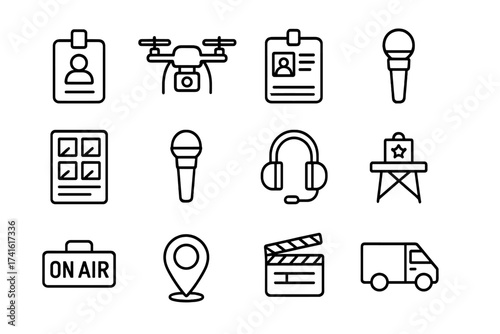 Reality Show Icons. Outline icon set of reality show scheduling: contestant badge, camera drone, filming