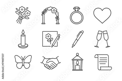 Garden Vow Icons. Outline icon set of garden vow celebrations: bouquet, floral arch, ring, heart icon, candle,