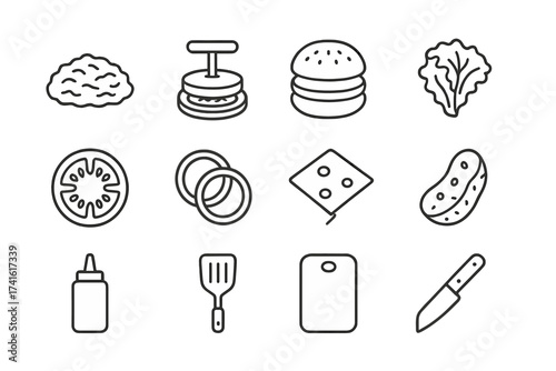 Burger Preparation Icons. Outline icon set of burger preparation: ground beef, patty press, sesame bun,