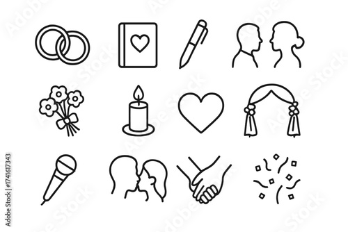 Intimate Wedding Icons. Outline icon set of intimate wedding vows: wedding rings, vow book, pen, couple